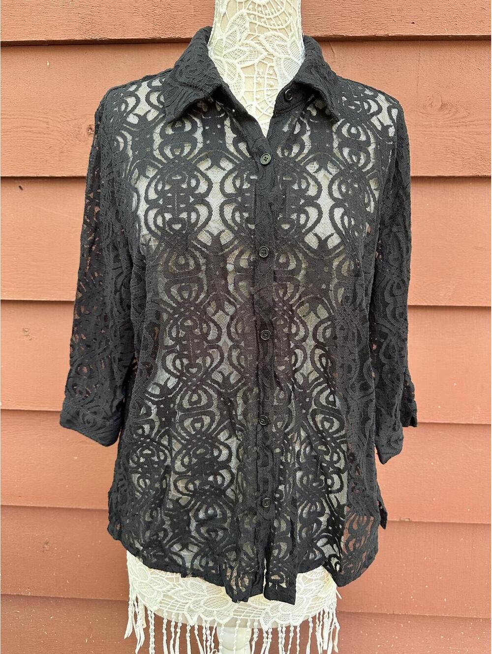 Blair Black Lace Button Front Blouse Sheer Vintage‎ Boho Fairycore 3/4 Sleeve